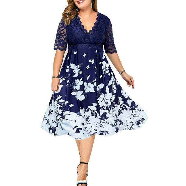 KVMeteor Robe à Manches Courtes pour Femme Grande Taille, Florale, Transparente, en Dentelle, Col en V Profond