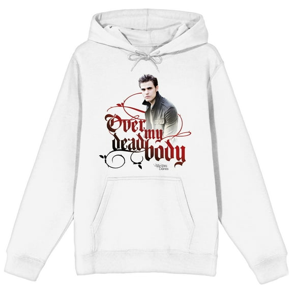 Vampire Diaries TV Series Stefan Salvatore Over My Dead Body Men's White Hoodie-Large