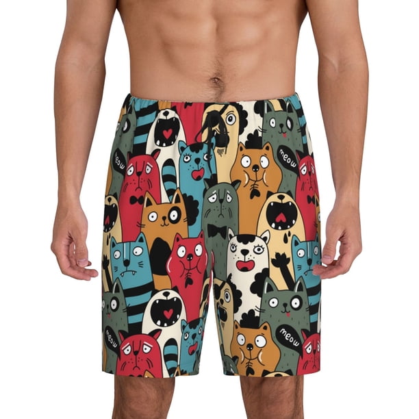 Balery Different Cats 1 Pantalones cortos de pijama de punto de algodón para hombre con cinturilla y bolsillos-X-Large