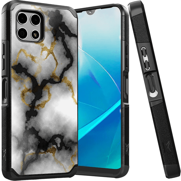 ANJ Shockproof Dual Layer Slim Hard Case Tempered Glass Cover Compatible with T-Mobile REVVL 7 5G - Black/White Marbling