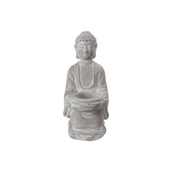 Urban Cement Kneeling Buddha Figurine with Front Cadle Holder on Flat Base Washed Finish Gray