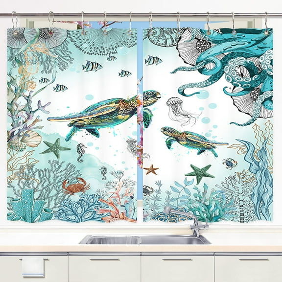 Sea Turtle Octopus Kitchen Window Curtains, Blue Teal Ocean Curtains Panels, Fish Underwater Animal Seashell Jellyfish Coastal Nautical Funny Beach Kitchen Window Drapes with Hook, 55X39IN