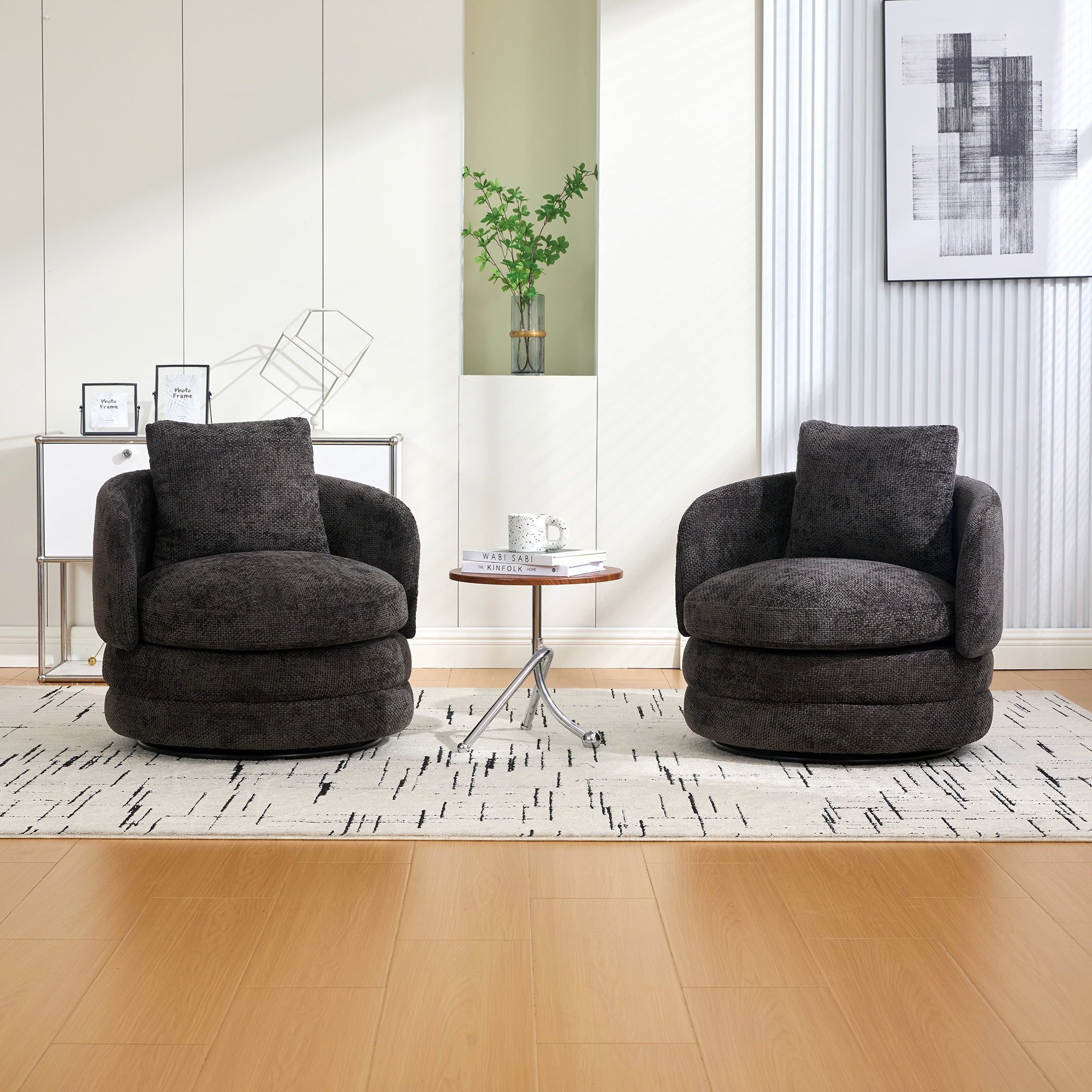 Noble House Norlyn 30" Chenille Swivel Barrel Accent Chair, 360° Comfy Lounge Reading Armchair with Pillow, Dark Gray