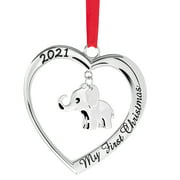Baby's First Christmas Ornament 2021 - Silver Heart with Hanging Elephant Christmas Ornament - Babies Christmas Ornament Engraved My First Christmas 2021 - Baby Ornament 2021 with Gift Box By Klikel