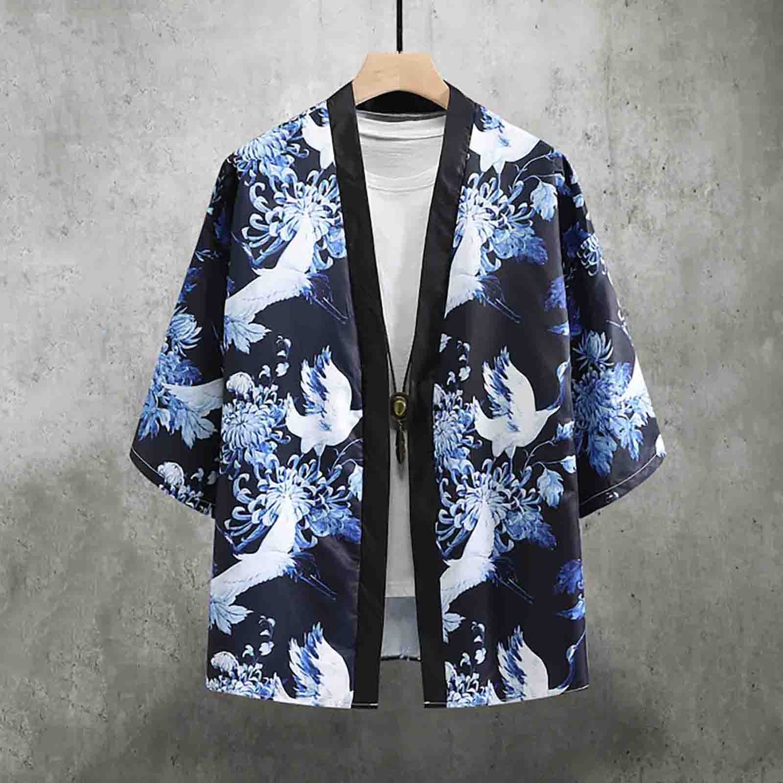 AngelSpace Mens Japanese Kimono 3/4 Sleeve Pure Sunscreen Casual Shirt