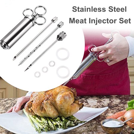 Marinade Flavor Injector - Heavy Duty Stainless Steel Commercial Grade Meat Marinade Flavor Injector Kit with 2 Oz Seasoning Injector and 3 Professional Marinade Injector Needles for Kitchen Outdoor BBQ