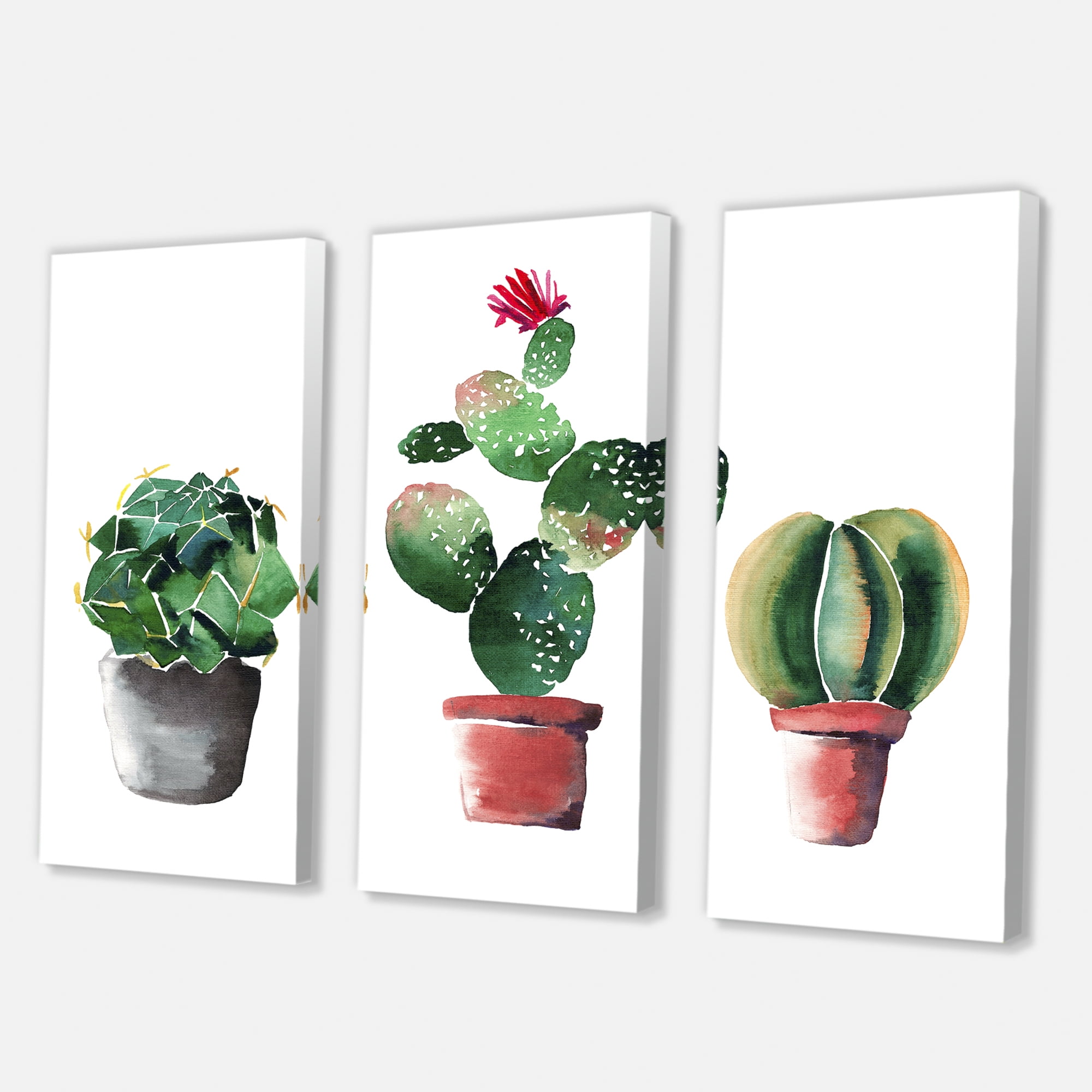 Designart ' Three Cacti In Clay Pots On White ' Traditional Canvas Wall Art Print