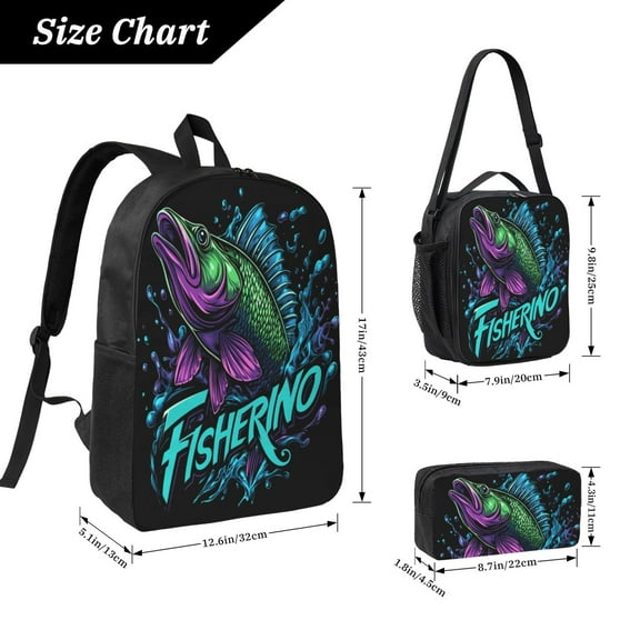 FishPattern Backpack 17 Inch Set with Lunch Bag and CaseDurableTravel Bag Combo for Work Commuting Daily Use