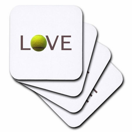 Tennis Coaster - 3dRose Love text with green tennis ball for O. Sport player playing hobby, Soft Coasters, set of 4