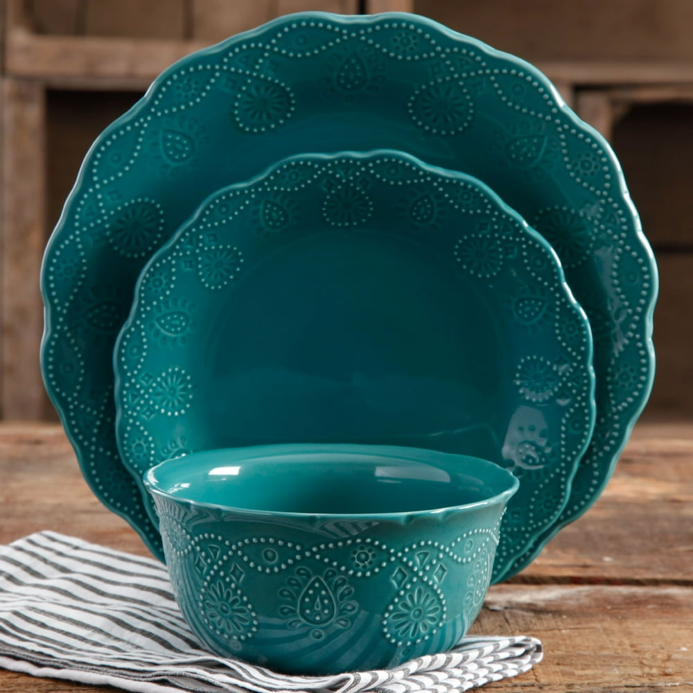 The Pioneer Woman Cowgirl Lace 12Piece Dinnerware Set, Teal Walmart