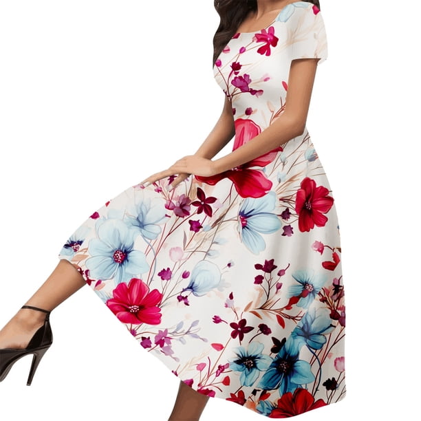 Gibobby Vestido de gasa de verano para mujer Vestido casual de manga corta con cuello redondo y estampado de flores sexy y elegante a la moda para mujer (2)(Azul,CH)