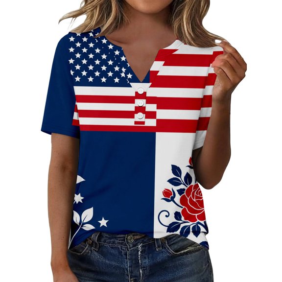 MEICHEN Womens Tops Summer Graphic Tees Short Sleeve Patriotic Blouse Usa 250th Anniversary T Shirt V Neck Shirt