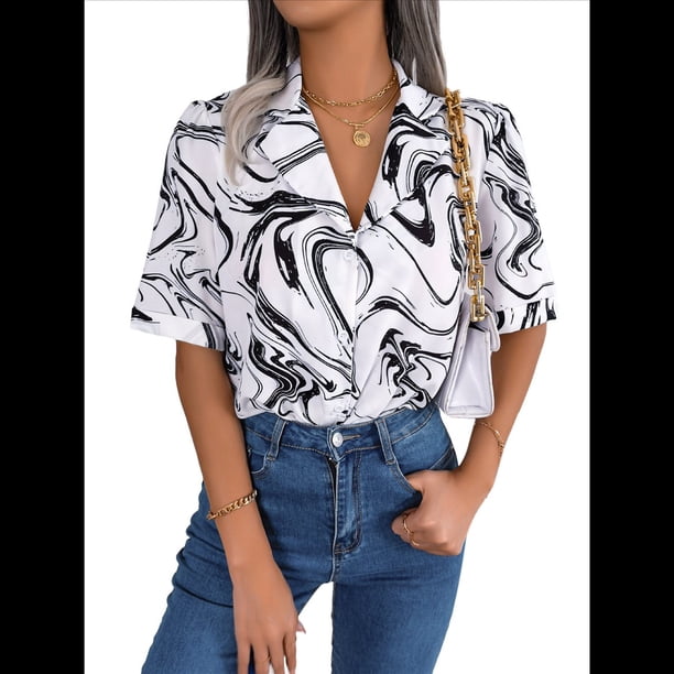 Camisa Informal de Corta Holgada con Cuello de Traje en Contraste para Mujer XL