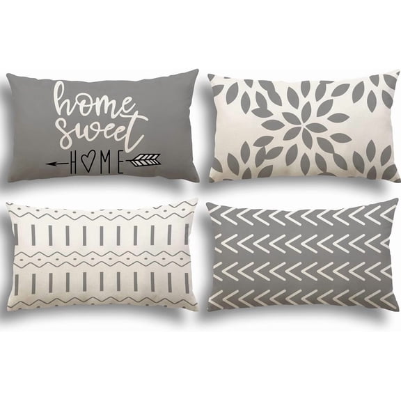 Lumbar Pillow Covers 12x20 Set of 4, Modern Sofa Throw Pillow Cover, Decorative Outdoor Linen Fabric Pillow Case for Couch Bed Car,Gray