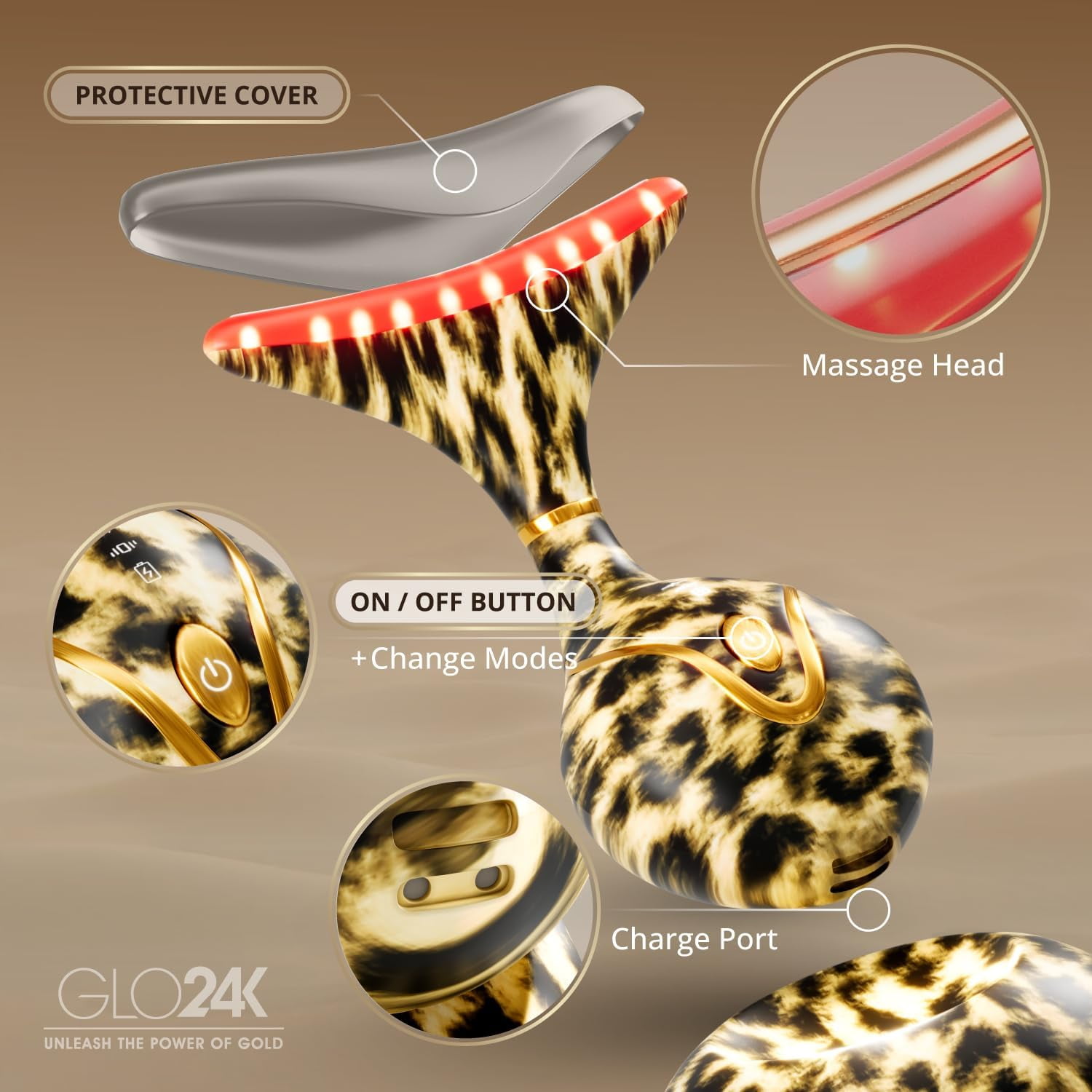 GLO24K Red Light for Face and Neck Beauty Device – Triple LED Action & Vibration Technology Facial Massager and Neck Comfort Device for Women