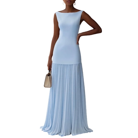Pleated Bridesmaid Dresses for Women Boat Neck Formal Dresss Long A Line Wedding Guest Party Dress Light Blue S