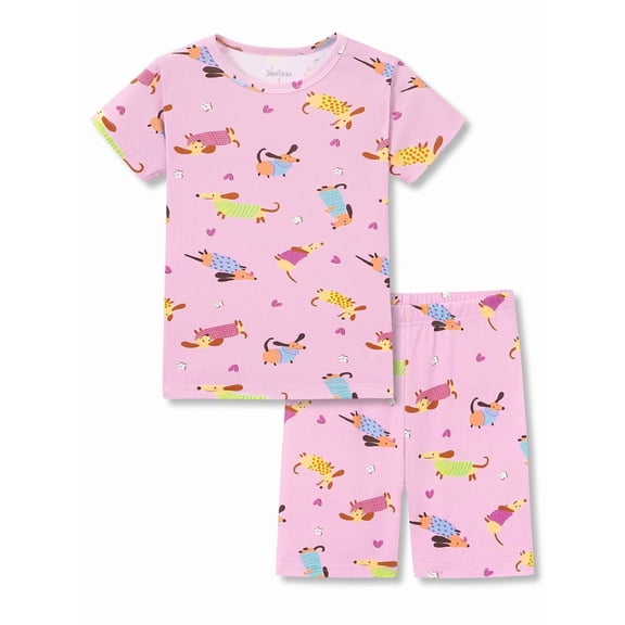 Beezizac Girls' Short Sleeve Pajama Set Cotton Slim Fit All-Over Cute Puppies Print Soft Kids Sleepwear Size 8