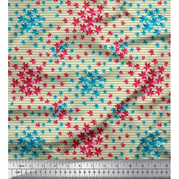 Soimoi Yellow Cotton Duck Fabric Stripe & Clematis Floral Print Sewing Fabric Yard 56 Inch Wide