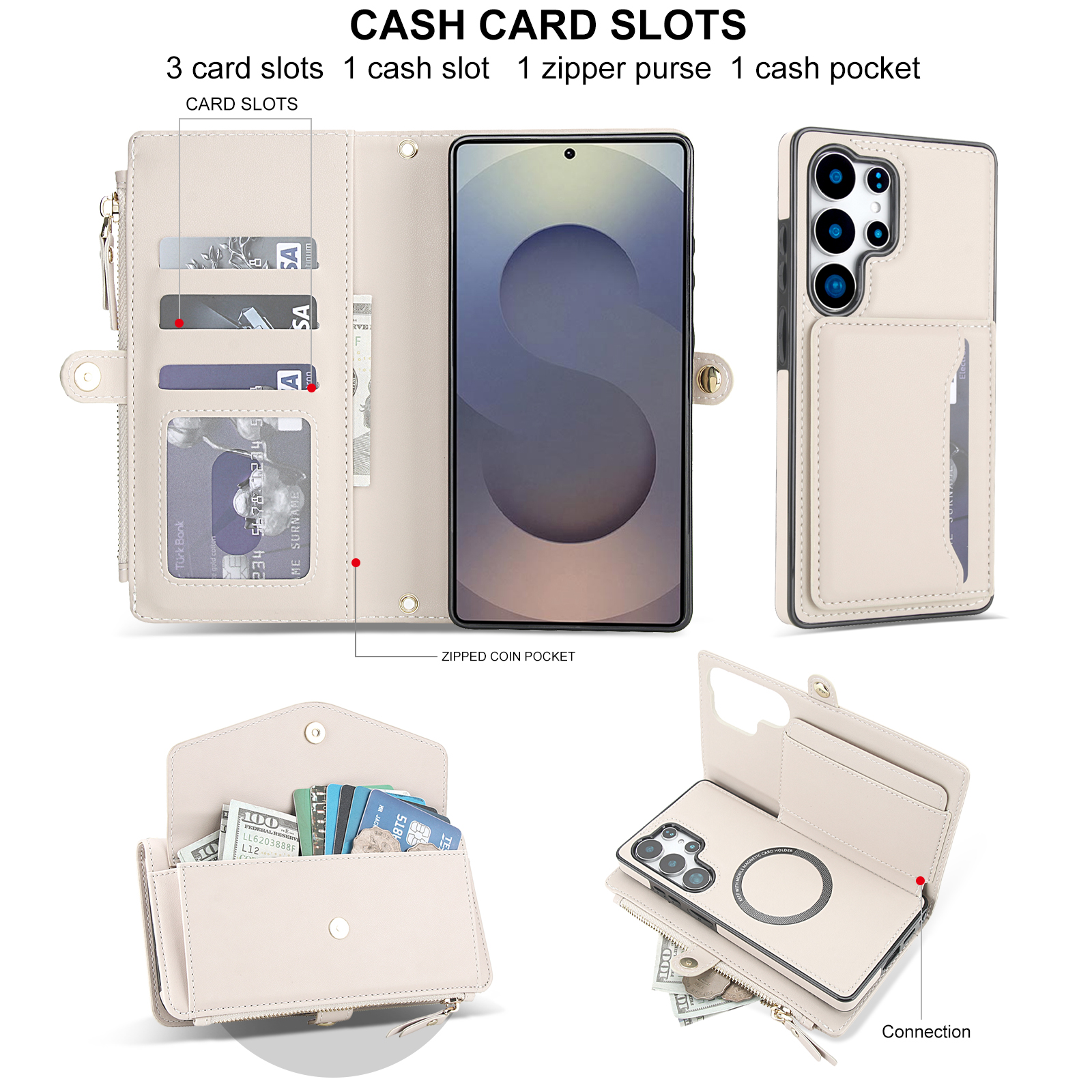 Designed for Samsung Galaxy S24 FE Multi-Function Wallet Phone Case,With Shoulder Strap&Wrist Strap,Cash Pocket&Card Slots,Zipper Purse,Magnetic Detachable PU Leather Flip Phone Case,White