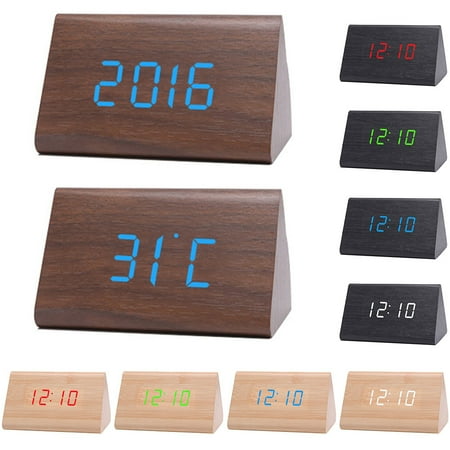 Digital Wooden USB LED Night Light Alarm Clock Thermometer Display Timepiece