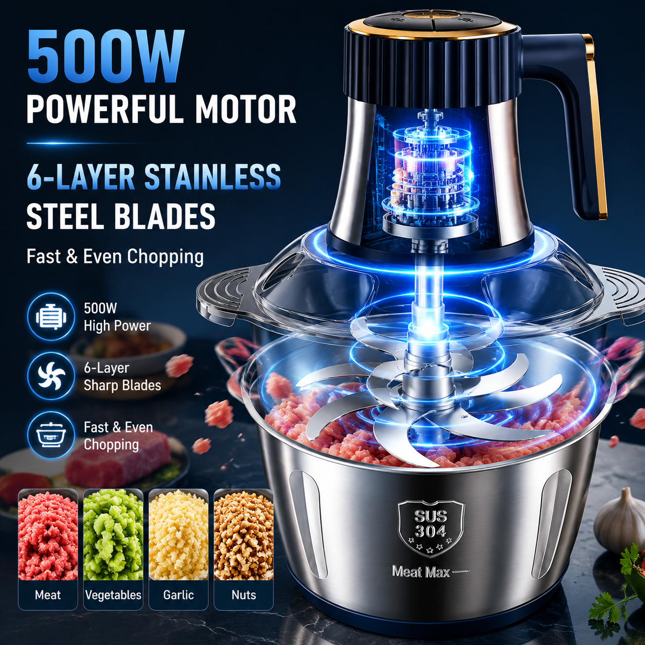 5L Stainless Steel Meat Chopper, 500W Electric Food Processor with 6-Layer Blade System, Large Capacity Meat Grinder for Meat, Vegetables, Garlic, Nuts and Family Meal Prep