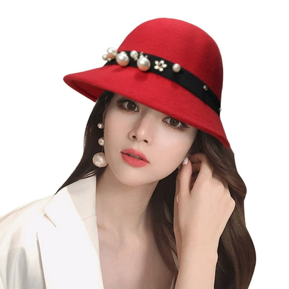 UDIYO Top Hat British Style Pearl Decor Down Brim Sunshading Round Top Decorate Retro Vintage Women Cloche Hat for Church