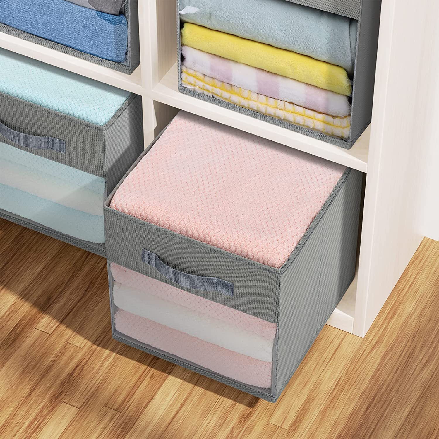 DIMJ Storage Bins, 3 Pcs Large Foldable Fabric Storage Bin Organizer with Clear Window for Bedroom Kids Room Wardrobe Closet Shelves, Home Storage