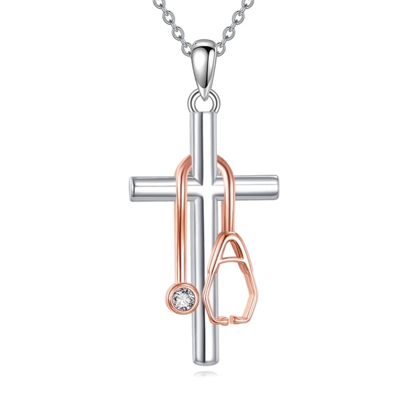 Stethoscope Cross Necklace 925 Sterling Silver Medicine Pendant Jewelry Nurse Doctor Gift for Medical Student For Women