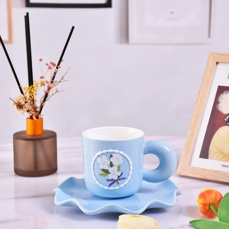 Danceemangoos Ceramic Coffee Mug with Saucer Set, Cute Cup Unique Irregular Saucer Design for Office and Home, Dishwasher and Microwave Safe, 8.5oz/