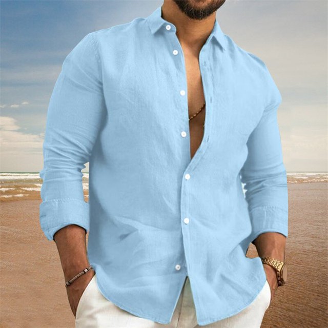 Camisas informales de lino y algodón para hombre, camisa de manga larga, cuello vuelto, Color sólido, moda, primavera y otoño, 2023