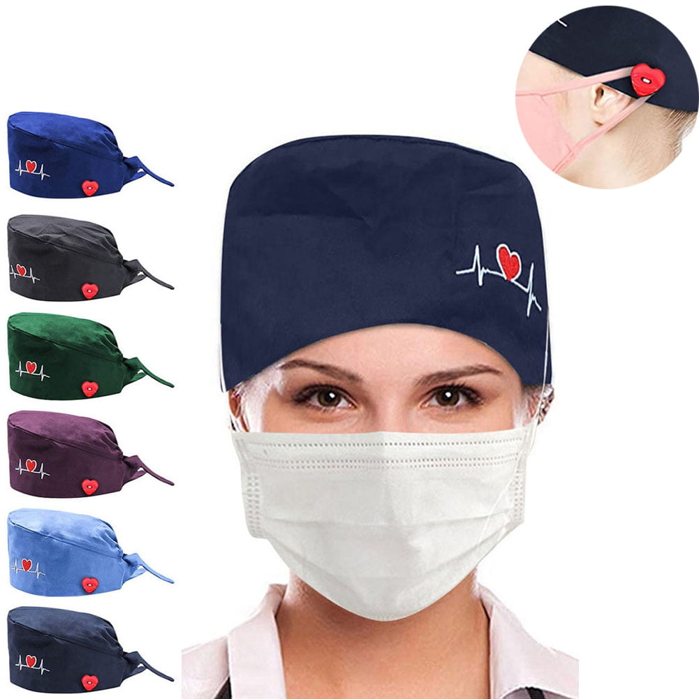 Adjustable Working Cap With Buttons & Sweatband - Sugar Skull Black Cats Print, For Nurses, Chefs, Salon