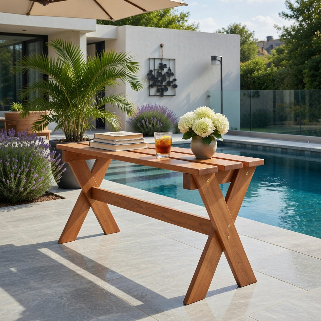 Hommoo 36" Solid Hardwood Outdoor Patio Bench Set of 2, Backless Teak-Oil Finished Dining Benches for Garden, Porch & Deck, Natural