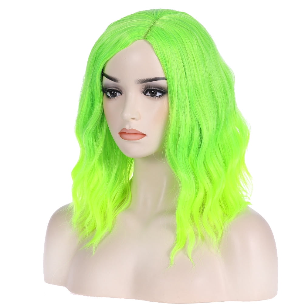 RightOn 14" Green Wig Short Curly Bob Wig Bright Green Wigs Ombre Green Wig Women Girls Beach Wave Wigs with Wefted Wig Cap