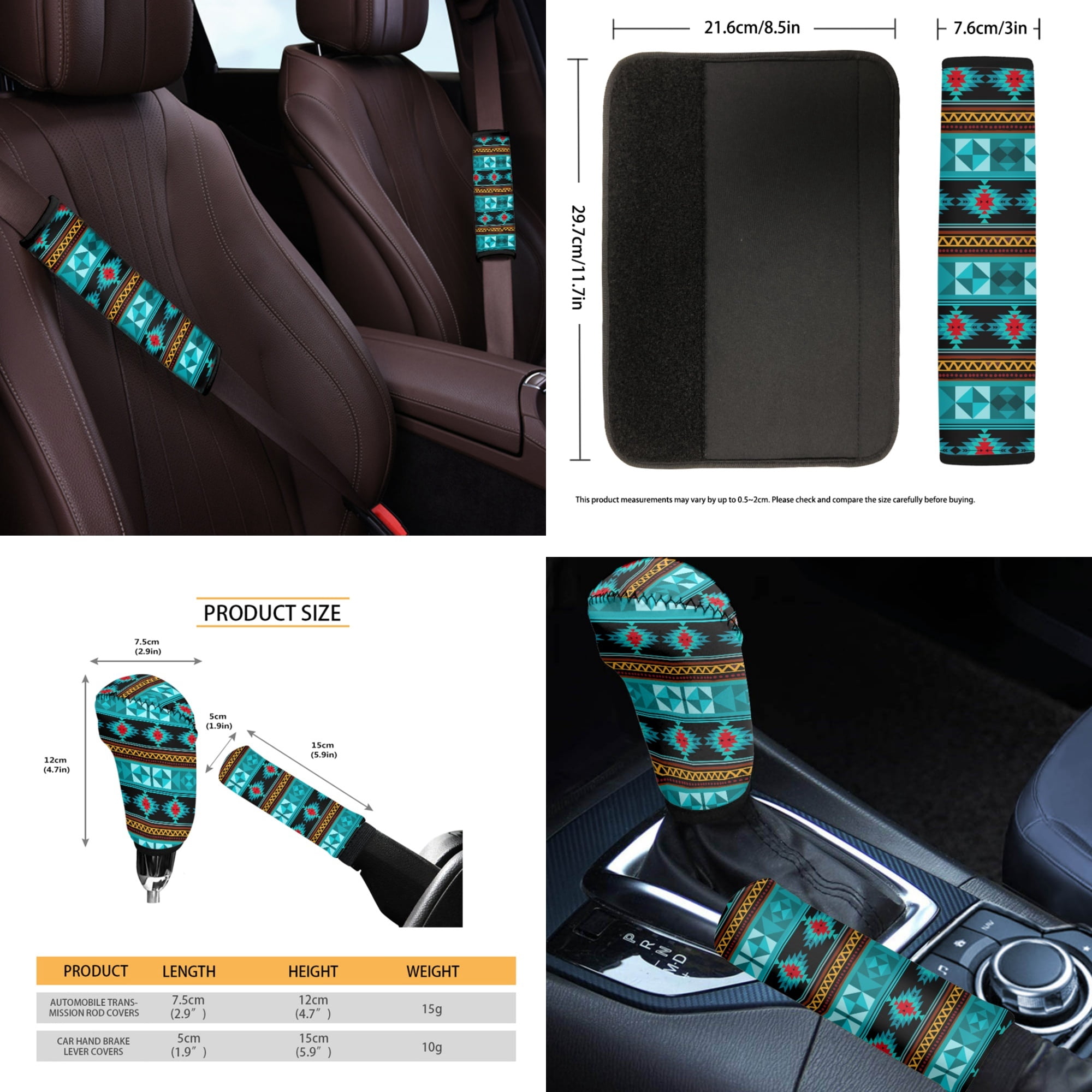 Yuyamidu Aztec Ethnic Gemoetric Car Seat Cover Set of 14 Blue Car Seat Protector with Steering Wheel Cover Seatbelt Pads Armrest Cushion Trash Can Rearview Mirror Cover Handbrake Cover Set Coasters
