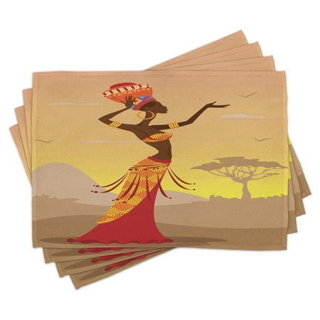 

African Placemats Set of 4 African Woman in Desert with Gulls Flying Around Folk Female Stylish Artful Print Washable Fabric Place Mats for Dining Room Kitchen Table Decor Amber Tan by Ambesonne