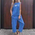 thumbnail image 5 of Traje holgado de cuello redondo para mujer, pantalones largos informales con bolsillo, conjunto de 2 piezas, Color sólido sin mangas, primavera y verano, 5 of 5