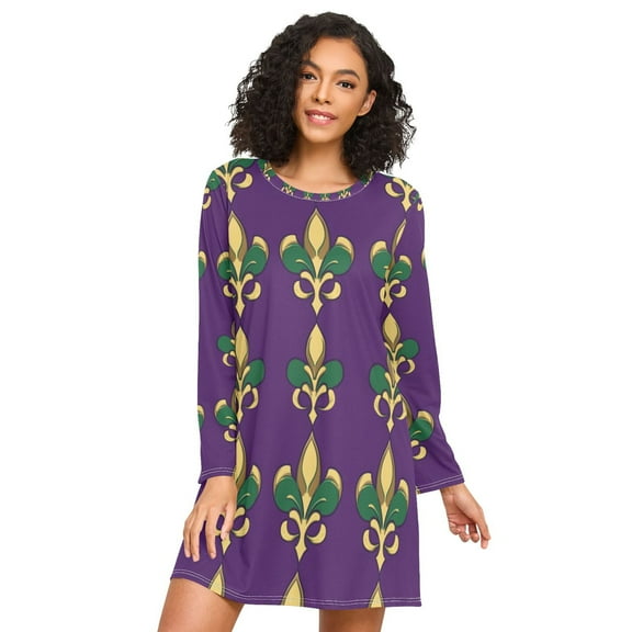 FORMRS Womens Long Sleeve Nightgowns Crew Neck Sleep Shirt Soft Pajamas Sizes S-3XL, Gold and Green Floral Pattern