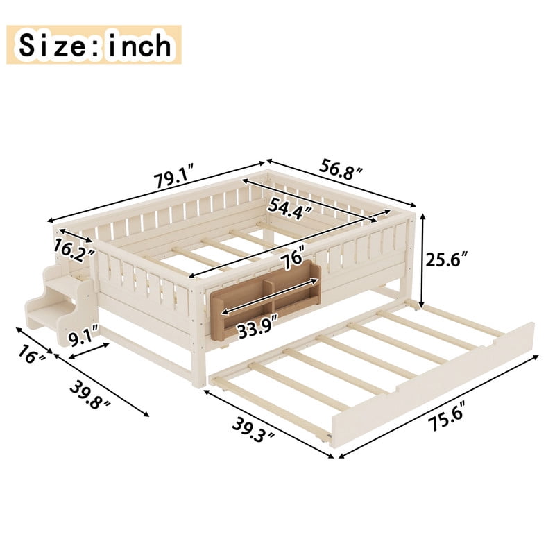 Full Size Low-Profile Kid's Platform Bed with Built-in Bookshelves & Small Staircase, Wooden Bed Frame with Safety Rails & Trundle