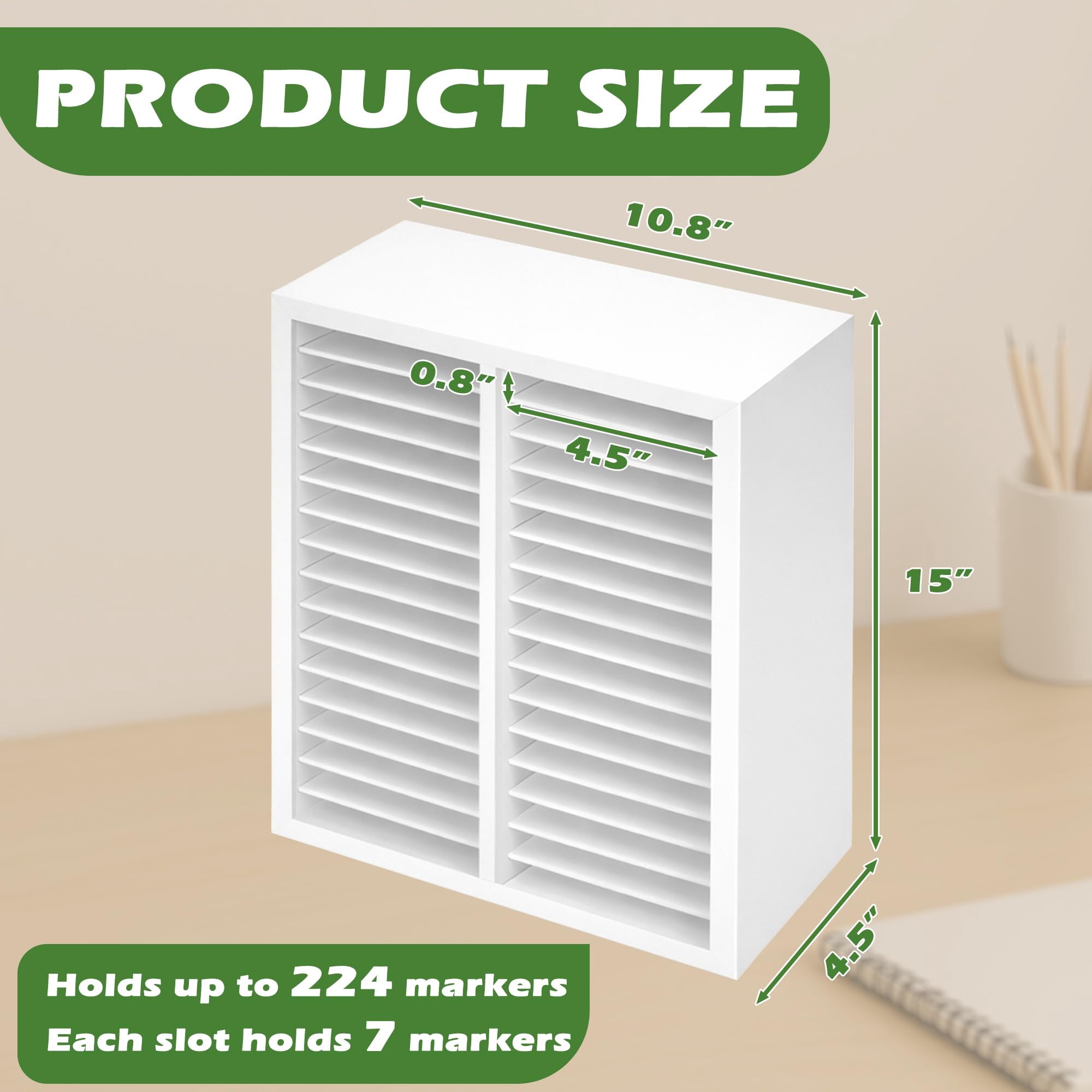 Marker Organizer For 224 Markers Wooden Holder With 32 Slots  Pens Pencils Art Supply Storage Desk Home Classroom Office Decor (white 15"x11"x5.2 ")