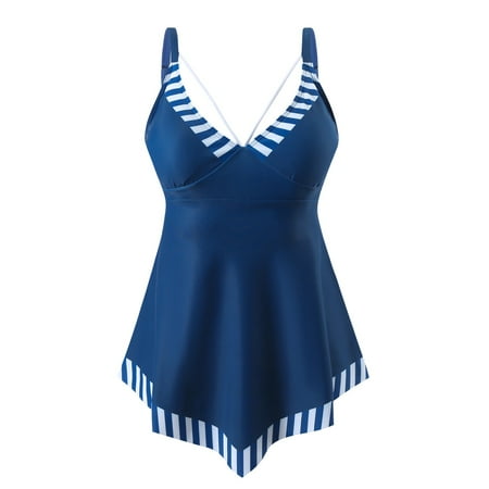 ZQGJB One Piece Swim Dress Swimsuits for Women Plus Size Color Block Bathing Suits Sexy V Neck Tummy Control Swimwear with Boyshorts(Dark Blue XXXXXL)