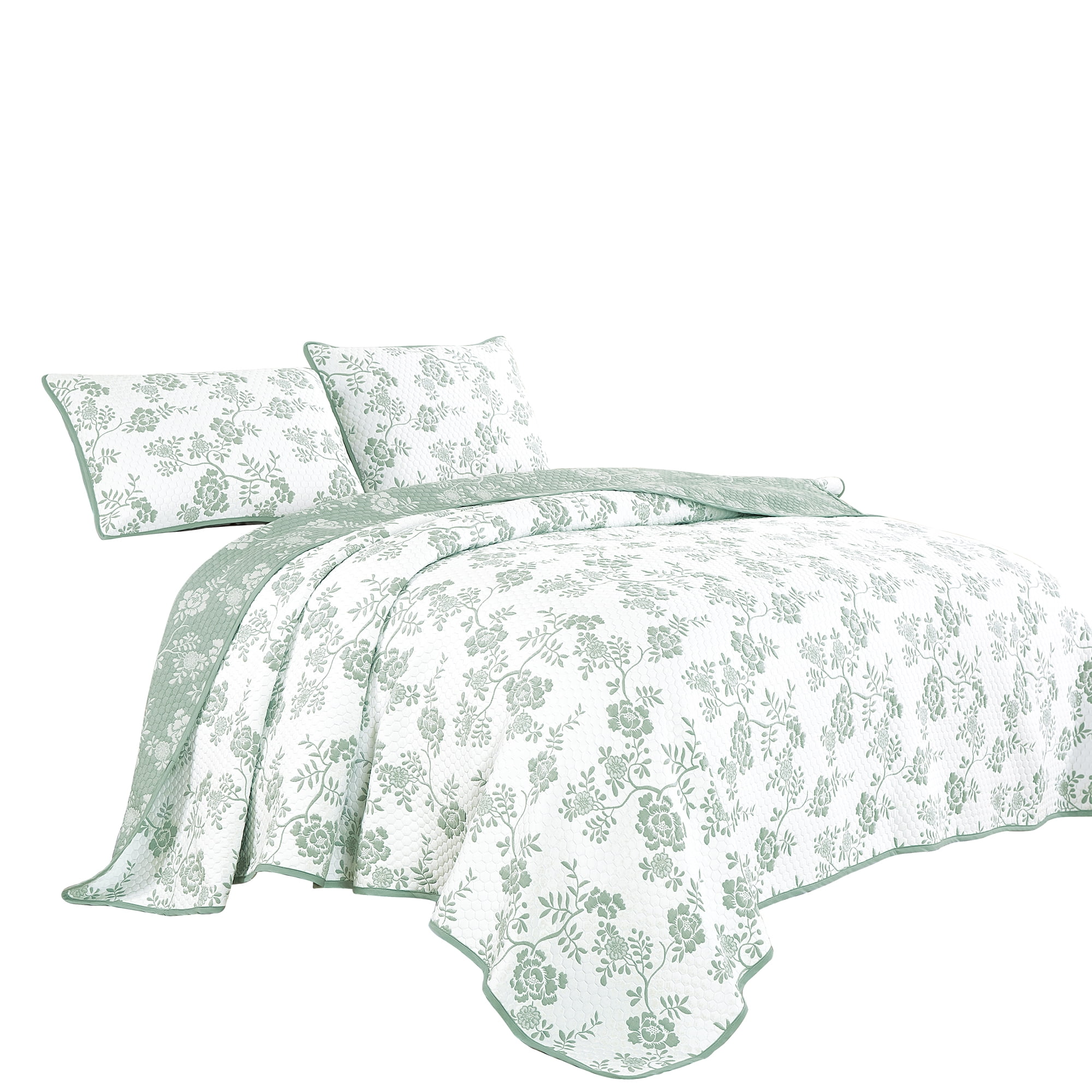 Mint Green & White Floral Pattern 3-Piece Reversible Cotton Bedspread Set,King