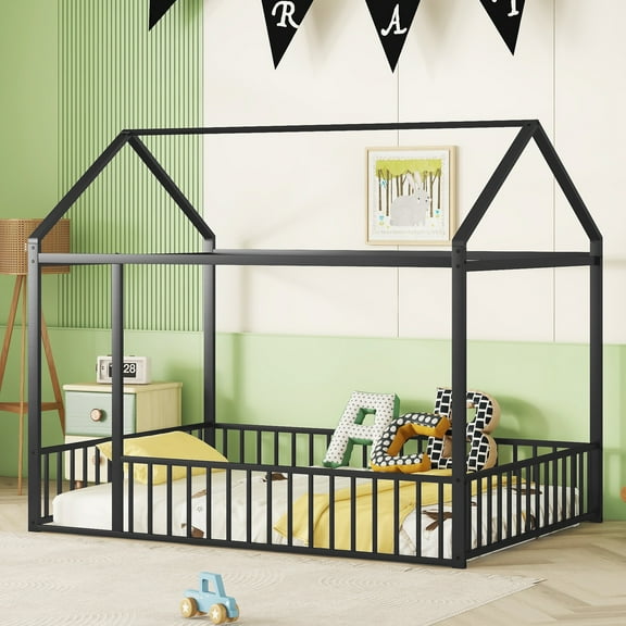 Bellemave Full Floor House Bed Metal House-shaped Bed Frame with Fence Rails Full Size Floor Bed with Roof Metal House Bed for Teens (Black)