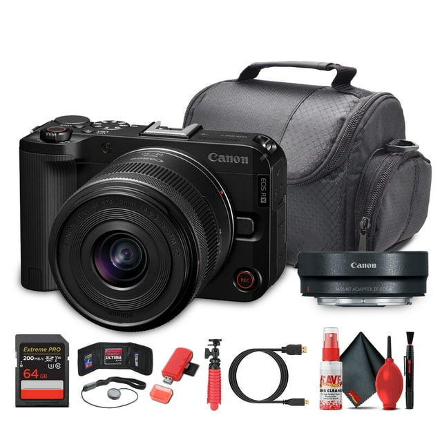 Canon EOS R50 V Camera + 14–30mm Power Zoom Lens | 24.2MP APS-C | 4K60p Video | Flip Screen (6895C012) + Adapter EF-EOS R + 64GB Memory Card +More(International Model)