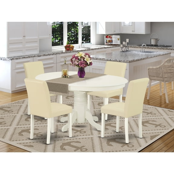 Gothic Grace 5Pc Dining Set - Oval Table & 4 Chairs - 42/60" Extendable Table - White PU Leather