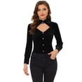 thumbnail image 1 of INSPIRE CHIC Blusa de terciopelo de manga larga elegante gótica con cuello levantado y volantes para mujer Negro XS, 1 of 5