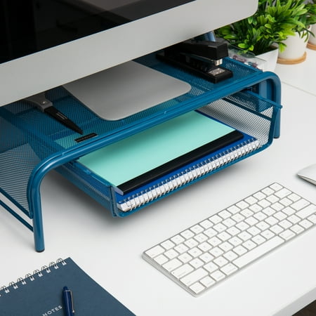 Mind Reader - Monitor Stand, Ventilated Laptop Riser, Paper Tray, Storage, Office, Metal Mesh, 20"L x 11.5"W x 5.5"H - Turquoise