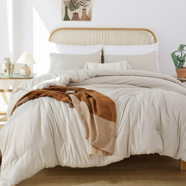 Juego de edredón ROSGONIA Beige Queen con 1 edredón y 2 fundas