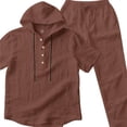 thumbnail image 5 of Sets for Men Clothing 2 Piece Solid Color Cotton-Linen Look Short Sleeve Hooded Shirt and Drawstring Waist Pocket Pants, Resort Style Outfit Brown XXXL, 5 of 5