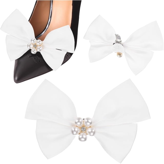 2-Pack Bow Shoe Clips, Satin Elegant Detachable Buckle Bridal Heels Accessories with Pearl Rhinestone for Wedding