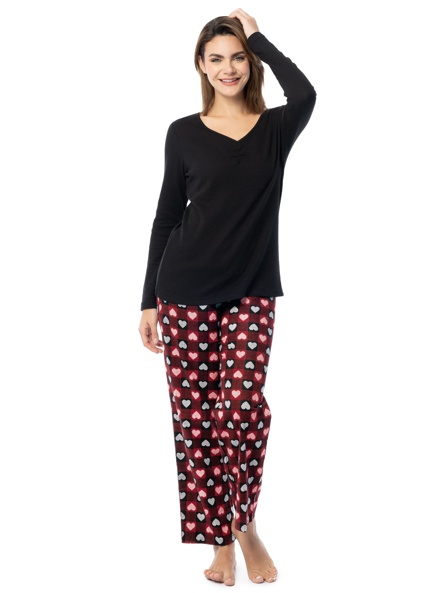Fruit of the Loom Women's Beyond Soft Long Sleeve Waffle Top and Flannel Bottom Pajama Set, Sizes S-4X